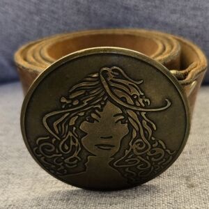 Narragansett Leather Belt With Brass Vintage Woman Face Belt Buckle